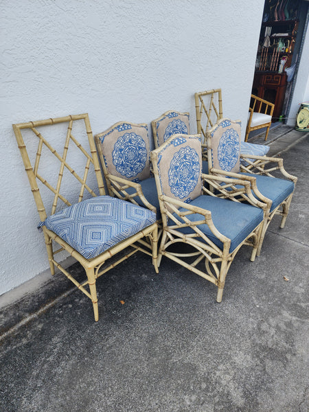 WOODBRIDGE FAUX BAMBOO/ CANE CHIPPENDALE DINING CHAIRS W/DA FRETWORK W/CUSHIONS (6 AVAILABLE)