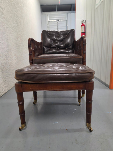 VANGUARD FURNITURE CRAFTWORK PORTOBELLO COGNAC PB WALNUT FAUX BAMBOO DOUBLE CANE PROTECTED ANILINE LEATHER BUTTON TUFTED O/S ACCENT/ LOUNGE/ SHERATON/ REGENGY CHAIR W/OTTOMAN ON BRASS CASTORS 🗣