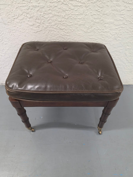 VANGUARD FURNITURE CRAFTWORK PORTOBELLO COGNAC PB WALNUT FAUX BAMBOO DOUBLE CANE PROTECTED ANILINE LEATHER BUTTON TUFTED O/S ACCENT/ LOUNGE/ SHERATON/ REGENGY CHAIR W/OTTOMAN ON BRASS CASTORS 🗣