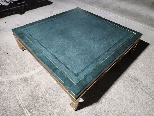 VINTAGE MASTERCRAFT HUGEMONGOUS! 😳 SQUARE MING COFFEE TABLE WITH WOOD FAUX LEATHER  BRASS INLAY TOP AND BRASS BASE 💚💛