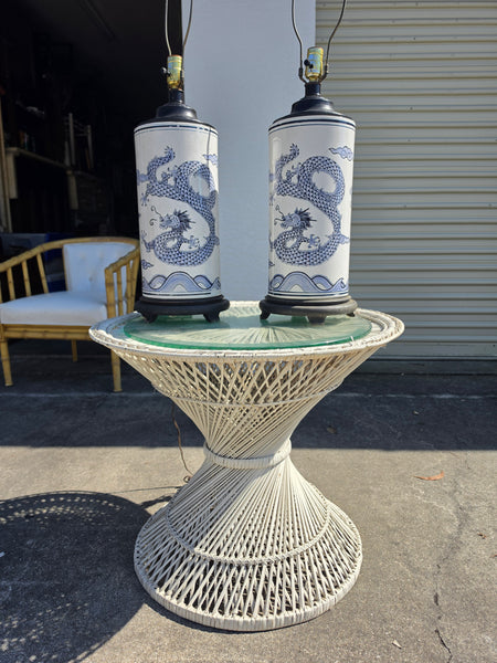 VINTAGE BLUE & WHITE CERAMIC CHINOISERIE DRAGON LAMPS (2)