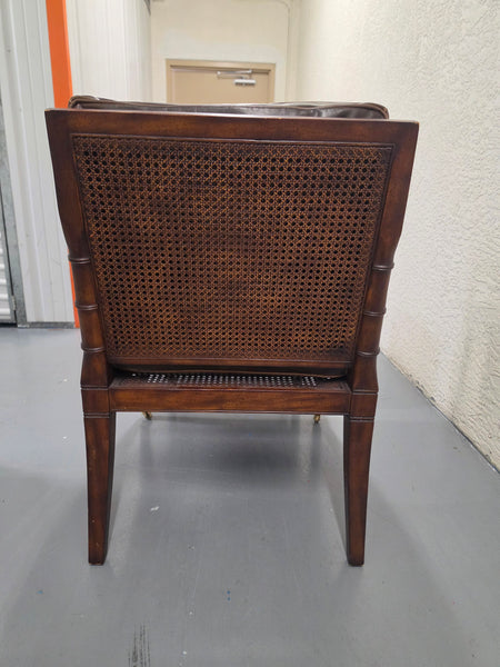 VANGUARD FURNITURE CRAFTWORK PORTOBELLO COGNAC PB WALNUT FAUX BAMBOO DOUBLE CANE PROTECTED ANILINE LEATHER BUTTON TUFTED O/S ACCENT/ LOUNGE/ SHERATON/ REGENGY CHAIR W/OTTOMAN ON BRASS CASTORS 🗣