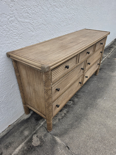 VINTAGE WHITECRAFT RATTAN DOUBLE DRESSER W/LEATHER WRAPS