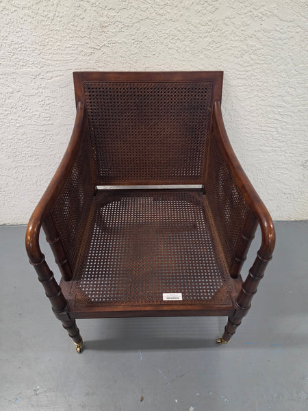 VANGUARD FURNITURE CRAFTWORK PORTOBELLO COGNAC PB WALNUT FAUX BAMBOO DOUBLE CANE PROTECTED ANILINE LEATHER BUTTON TUFTED O/S ACCENT/ LOUNGE/ SHERATON/ REGENGY CHAIR W/OTTOMAN ON BRASS CASTORS 🗣