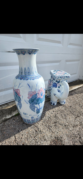VINTAGE BLUE💙 n WHITE🤍 n PINK🩷 CERAMIC ELEPHANT🐘 trunx up PLANT STAND/ ACCENT TABLE ~ MISC