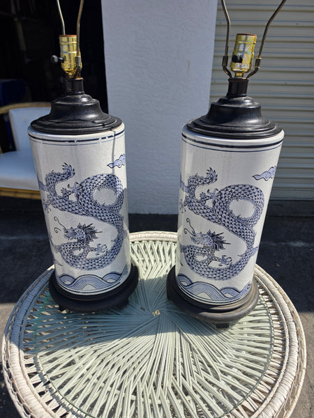 VINTAGE BLUE & WHITE CERAMIC CHINOISERIE DRAGON LAMPS (2)