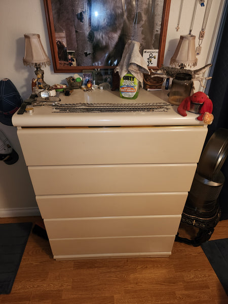 VINTAGE BROYHILL POSTMODERN LACQUERED LAMINATE WATERFALL TALLBOY DRESSER W/FAUX BRASS ACCENT STRIPS