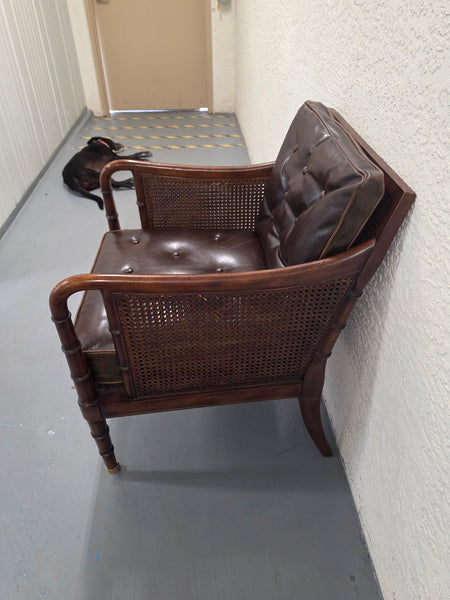 VANGUARD FURNITURE CRAFTWORK PORTOBELLO COGNAC PB WALNUT FAUX BAMBOO DOUBLE CANE PROTECTED ANILINE LEATHER BUTTON TUFTED O/S ACCENT/ LOUNGE/ SHERATON/ REGENGY CHAIR W/OTTOMAN ON BRASS CASTORS 🗣