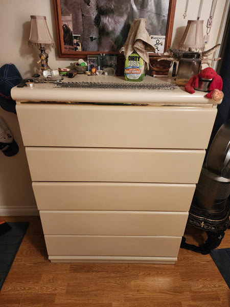 VINTAGE BROYHILL POSTMODERN LACQUERED LAMINATE WATERFALL TALLBOY DRESSER W/FAUX BRASS ACCENT STRIPS