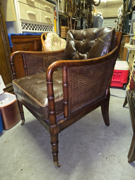 VANGUARD FURNITURE CRAFTWORK PORTOBELLO COGNAC PB WALNUT FAUX BAMBOO DOUBLE CANE PROTECTED ANILINE LEATHER BUTTON TUFTED O/S ACCENT/ LOUNGE/ SHERATON/ REGENGY CHAIR W/OTTOMAN ON BRASS CASTORS 🗣