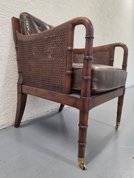 VANGUARD FURNITURE CRAFTWORK PORTOBELLO COGNAC PB WALNUT FAUX BAMBOO DOUBLE CANE PROTECTED ANILINE LEATHER BUTTON TUFTED O/S ACCENT/ LOUNGE/ SHERATON/ REGENGY CHAIR W/OTTOMAN ON BRASS CASTORS 🗣