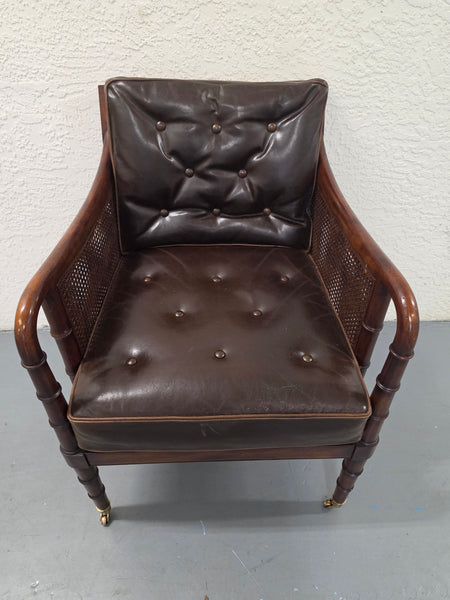 VANGUARD FURNITURE CRAFTWORK PORTOBELLO COGNAC PB WALNUT FAUX BAMBOO DOUBLE CANE PROTECTED ANILINE LEATHER BUTTON TUFTED O/S ACCENT/ LOUNGE/ SHERATON/ REGENGY CHAIR W/OTTOMAN ON BRASS CASTORS 🗣