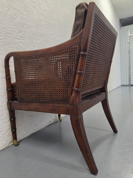VANGUARD FURNITURE CRAFTWORK PORTOBELLO COGNAC PB WALNUT FAUX BAMBOO DOUBLE CANE PROTECTED ANILINE LEATHER BUTTON TUFTED O/S ACCENT/ LOUNGE/ SHERATON/ REGENGY CHAIR W/OTTOMAN ON BRASS CASTORS 🗣