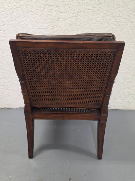 VANGUARD FURNITURE CRAFTWORK PORTOBELLO COGNAC PB WALNUT FAUX BAMBOO DOUBLE CANE PROTECTED ANILINE LEATHER BUTTON TUFTED O/S ACCENT/ LOUNGE/ SHERATON/ REGENGY CHAIR W/OTTOMAN ON BRASS CASTORS 🗣