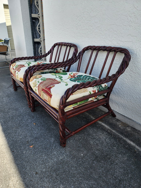 VINTAGE McGUIRE TWISTED/ BRAIDED/ BENT RATTAN ACCENT CHAIRS ~ O/S CHAIRS W/ RAWHIDE LEATHER WRAPS AND DOWN FILLED CUSHIONS/ PILLOWS (2)