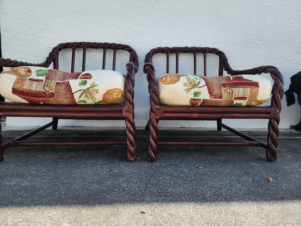 VINTAGE McGUIRE TWISTED/ BRAIDED/ BENT RATTAN ACCENT CHAIRS ~ O/S CHAIRS W/ RAWHIDE LEATHER WRAPS AND DOWN FILLED CUSHIONS/ PILLOWS (2)