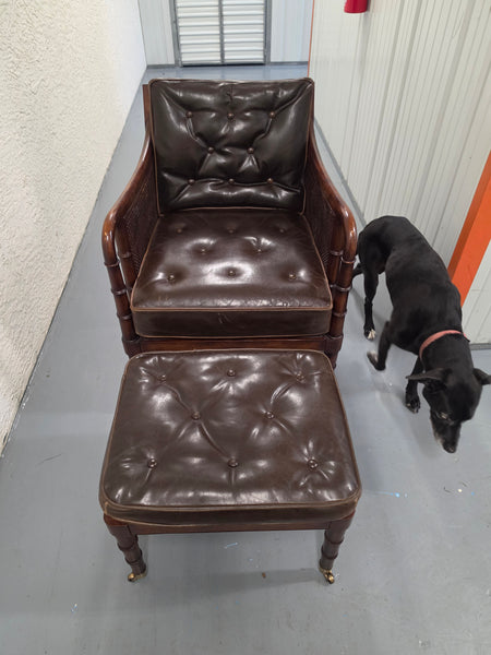 VANGUARD FURNITURE CRAFTWORK PORTOBELLO COGNAC PB WALNUT FAUX BAMBOO DOUBLE CANE PROTECTED ANILINE LEATHER BUTTON TUFTED O/S ACCENT/ LOUNGE/ SHERATON/ REGENGY CHAIR W/OTTOMAN ON BRASS CASTORS 🗣
