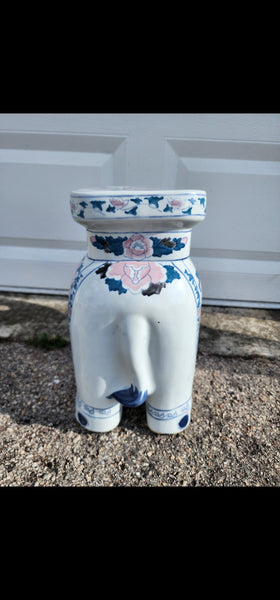 VINTAGE BLUE💙 n WHITE🤍 n PINK🩷 CERAMIC ELEPHANT🐘 trunx up PLANT STAND/ ACCENT TABLE ~ MISC