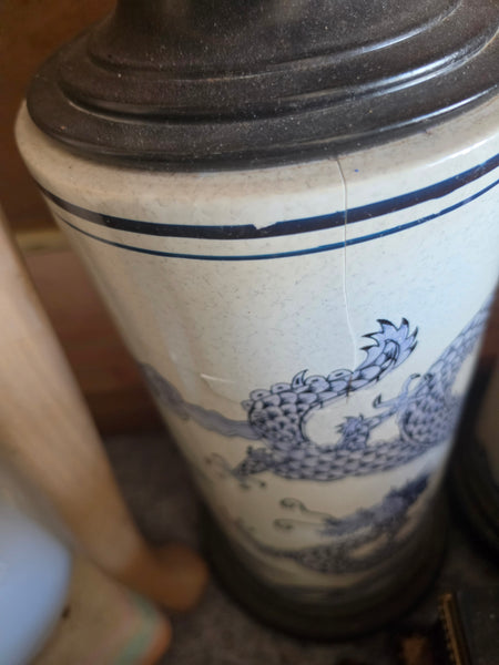 VINTAGE BLUE & WHITE CERAMIC CHINOISERIE DRAGON LAMPS (2)