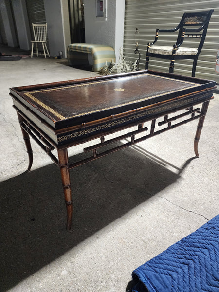 VINTAGE RECTANGULAR FAUX BAMBOO CHIPPENDALE LEATHER TOP TAPERED LEGS COCKTAIL COFFEE TABLE
