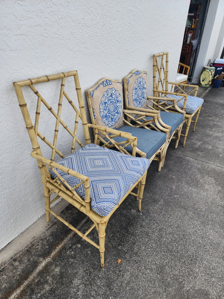 WOODBRIDGE FAUX BAMBOO/ CANE CHIPPENDALE DINING CHAIRS W/DA FRETWORK W/CUSHIONS (6 AVAILABLE)