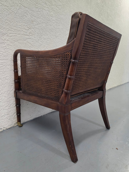 VANGUARD FURNITURE CRAFTWORK PORTOBELLO COGNAC PB WALNUT FAUX BAMBOO DOUBLE CANE PROTECTED ANILINE LEATHER BUTTON TUFTED O/S ACCENT/ LOUNGE/ SHERATON/ REGENGY CHAIR W/OTTOMAN ON BRASS CASTORS 🗣