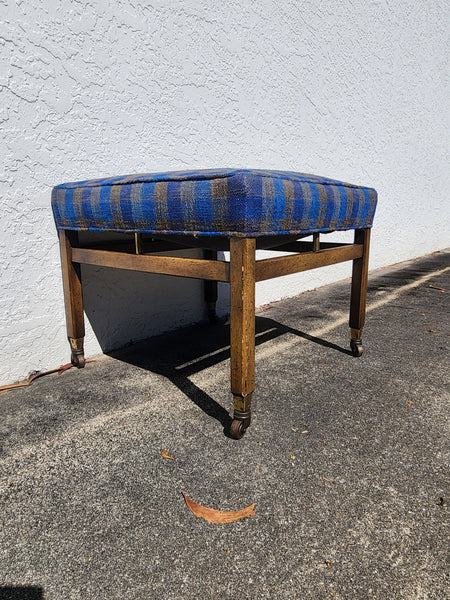 VINTAGE MID CENTURY MODERN WALNUT/ BRASS/ UPHOLSTERED STOOL/ OTTOMAN/ BENCH ON CASTORS