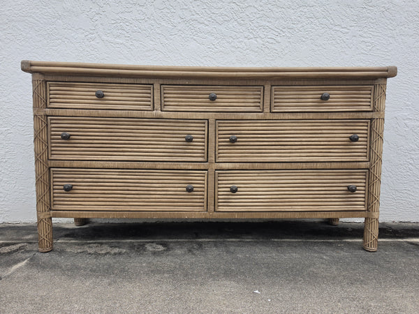 VINTAGE WHITECRAFT RATTAN DOUBLE DRESSER W/LEATHER WRAPS