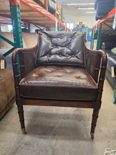 VANGUARD FURNITURE CRAFTWORK PORTOBELLO COGNAC PB WALNUT FAUX BAMBOO DOUBLE CANE PROTECTED ANILINE LEATHER BUTTON TUFTED O/S ACCENT/ LOUNGE/ SHERATON/ REGENGY CHAIR W/OTTOMAN ON BRASS CASTORS 🗣