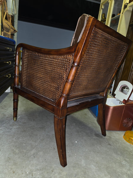 VANGUARD FURNITURE CRAFTWORK PORTOBELLO COGNAC PB WALNUT FAUX BAMBOO DOUBLE CANE PROTECTED ANILINE LEATHER BUTTON TUFTED O/S ACCENT/ LOUNGE/ SHERATON/ REGENGY CHAIR W/OTTOMAN ON BRASS CASTORS 🗣