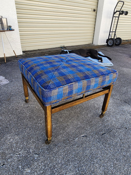 VINTAGE MID CENTURY MODERN WALNUT/ BRASS/ UPHOLSTERED STOOL/ OTTOMAN/ BENCH ON CASTORS