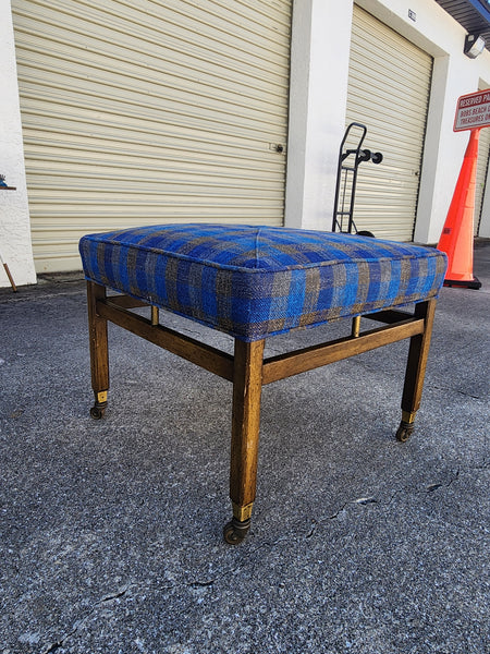 VINTAGE MID CENTURY MODERN WALNUT/ BRASS/ UPHOLSTERED STOOL/ OTTOMAN/ BENCH ON CASTORS