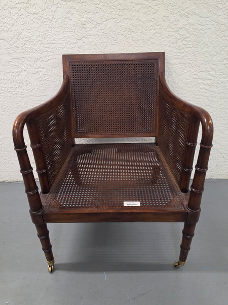 VANGUARD FURNITURE CRAFTWORK PORTOBELLO COGNAC PB WALNUT FAUX BAMBOO DOUBLE CANE PROTECTED ANILINE LEATHER BUTTON TUFTED O/S ACCENT/ LOUNGE/ SHERATON/ REGENGY CHAIR W/OTTOMAN ON BRASS CASTORS 🗣