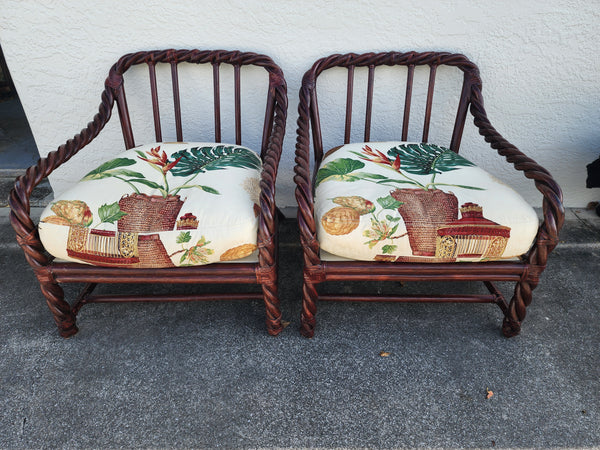 VINTAGE McGUIRE TWISTED/ BRAIDED/ BENT RATTAN ACCENT CHAIRS ~ O/S CHAIRS W/ RAWHIDE LEATHER WRAPS AND DOWN FILLED CUSHIONS/ PILLOWS (2)