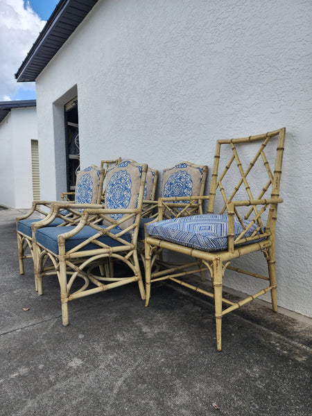 WOODBRIDGE FAUX BAMBOO/ CANE CHIPPENDALE DINING CHAIRS W/DA FRETWORK W/CUSHIONS (6 AVAILABLE)