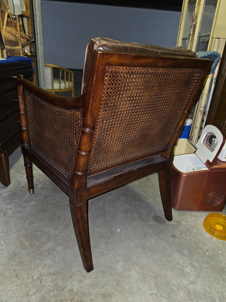 VANGUARD FURNITURE CRAFTWORK PORTOBELLO COGNAC PB WALNUT FAUX BAMBOO DOUBLE CANE PROTECTED ANILINE LEATHER BUTTON TUFTED O/S ACCENT/ LOUNGE/ SHERATON/ REGENGY CHAIR W/OTTOMAN ON BRASS CASTORS 🗣