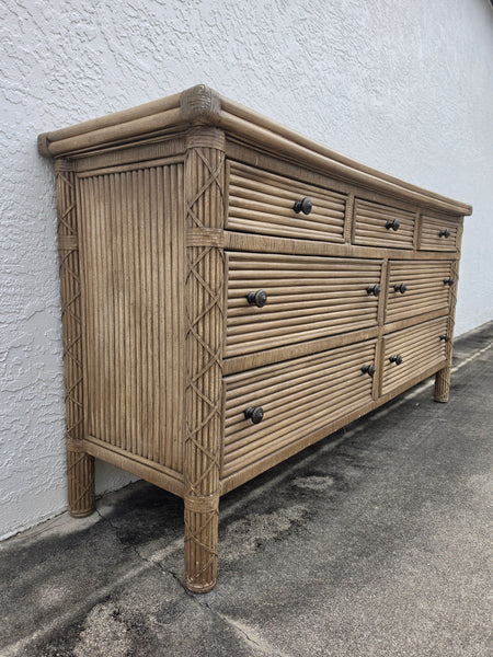 VINTAGE WHITECRAFT RATTAN DOUBLE DRESSER W/LEATHER WRAPS