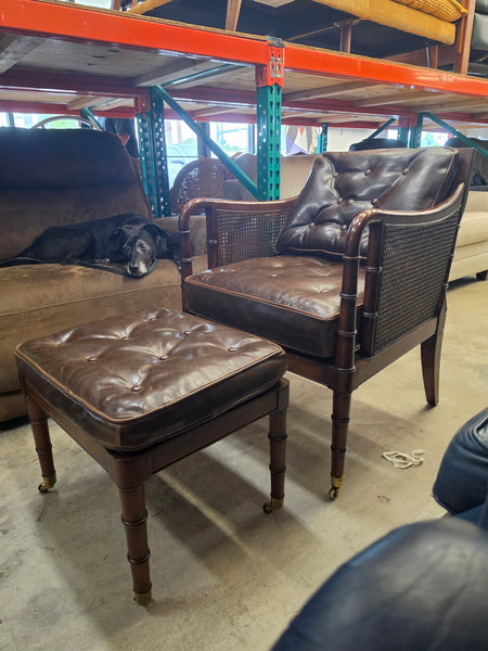 VANGUARD FURNITURE CRAFTWORK PORTOBELLO COGNAC PB WALNUT FAUX BAMBOO DOUBLE CANE PROTECTED ANILINE LEATHER BUTTON TUFTED O/S ACCENT/ LOUNGE/ SHERATON/ REGENGY CHAIR W/OTTOMAN ON BRASS CASTORS 🗣