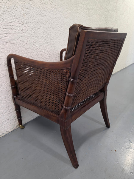 VANGUARD FURNITURE CRAFTWORK PORTOBELLO COGNAC PB WALNUT FAUX BAMBOO DOUBLE CANE PROTECTED ANILINE LEATHER BUTTON TUFTED O/S ACCENT/ LOUNGE/ SHERATON/ REGENGY CHAIR W/OTTOMAN ON BRASS CASTORS 🗣