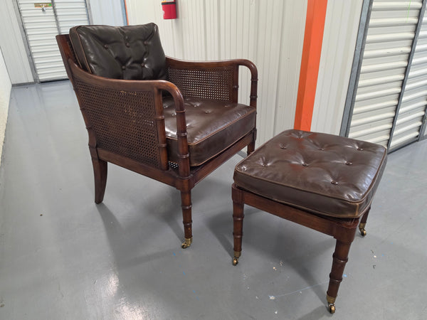 VANGUARD FURNITURE CRAFTWORK PORTOBELLO COGNAC PB WALNUT FAUX BAMBOO DOUBLE CANE PROTECTED ANILINE LEATHER BUTTON TUFTED O/S ACCENT/ LOUNGE/ SHERATON/ REGENGY CHAIR W/OTTOMAN ON BRASS CASTORS 🗣
