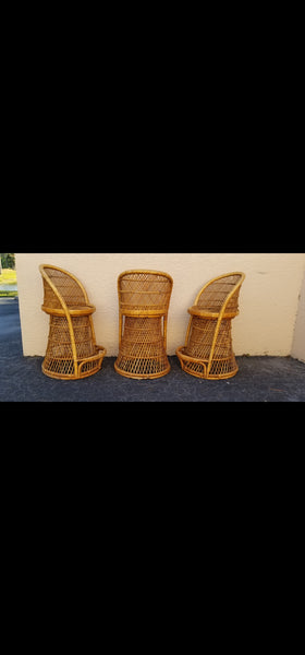 VINTAGE WICKER RATTAN BAMBOO 🎋 BOHO EMMANUELLE  SUNBURST COUNTER BARSTOOLS (3)