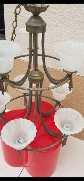 VINTAGE BRONZE FAUX BAMBOO RIBBON/ DRAPE/ TASSEL 8 LIGHT 2 TIER CHANDELIER