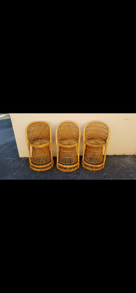 VINTAGE WICKER RATTAN BAMBOO 🎋 BOHO EMMANUELLE  SUNBURST COUNTER BARSTOOLS (3)