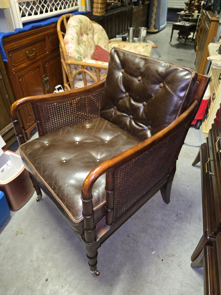 VANGUARD FURNITURE CRAFTWORK PORTOBELLO COGNAC PB WALNUT FAUX BAMBOO DOUBLE CANE PROTECTED ANILINE LEATHER BUTTON TUFTED O/S ACCENT/ LOUNGE/ SHERATON/ REGENGY CHAIR W/OTTOMAN ON BRASS CASTORS 🗣