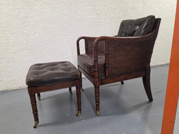 VANGUARD FURNITURE CRAFTWORK PORTOBELLO COGNAC PB WALNUT FAUX BAMBOO DOUBLE CANE PROTECTED ANILINE LEATHER BUTTON TUFTED O/S ACCENT/ LOUNGE/ SHERATON/ REGENGY CHAIR W/OTTOMAN ON BRASS CASTORS 🗣