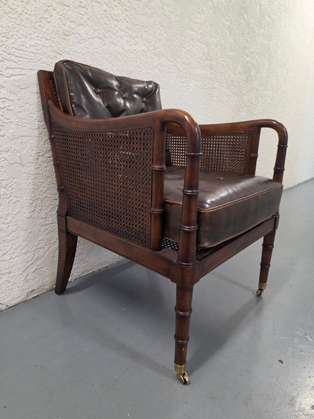 VANGUARD FURNITURE CRAFTWORK PORTOBELLO COGNAC PB WALNUT FAUX BAMBOO DOUBLE CANE PROTECTED ANILINE LEATHER BUTTON TUFTED O/S ACCENT/ LOUNGE/ SHERATON/ REGENGY CHAIR W/OTTOMAN ON BRASS CASTORS 🗣