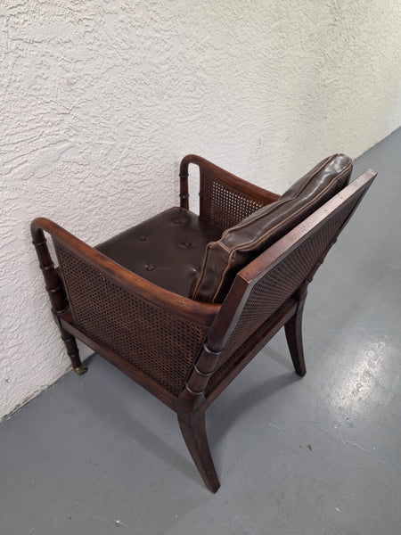 VANGUARD FURNITURE CRAFTWORK PORTOBELLO COGNAC PB WALNUT FAUX BAMBOO DOUBLE CANE PROTECTED ANILINE LEATHER BUTTON TUFTED O/S ACCENT/ LOUNGE/ SHERATON/ REGENGY CHAIR W/OTTOMAN ON BRASS CASTORS 🗣