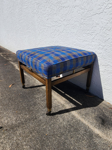 VINTAGE MID CENTURY MODERN WALNUT/ BRASS/ UPHOLSTERED STOOL/ OTTOMAN/ BENCH ON CASTORS
