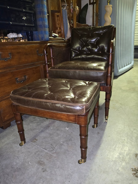 VANGUARD FURNITURE CRAFTWORK PORTOBELLO COGNAC PB WALNUT FAUX BAMBOO DOUBLE CANE PROTECTED ANILINE LEATHER BUTTON TUFTED O/S ACCENT/ LOUNGE/ SHERATON/ REGENGY CHAIR W/OTTOMAN ON BRASS CASTORS 🗣