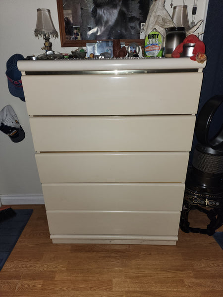 VINTAGE BROYHILL POSTMODERN LACQUERED LAMINATE WATERFALL TALLBOY DRESSER W/FAUX BRASS ACCENT STRIPS